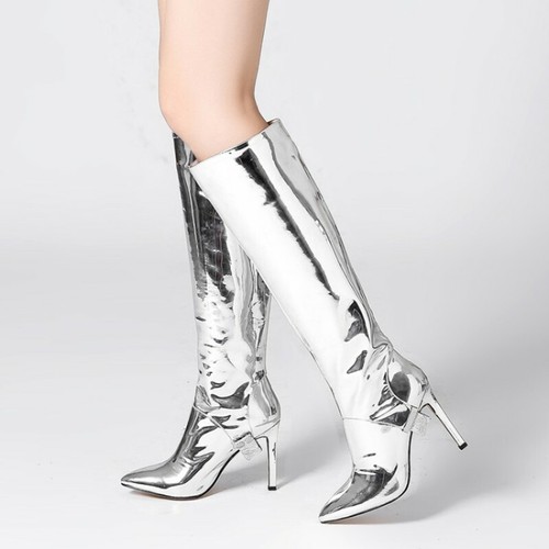 thigh high metallic silver boots